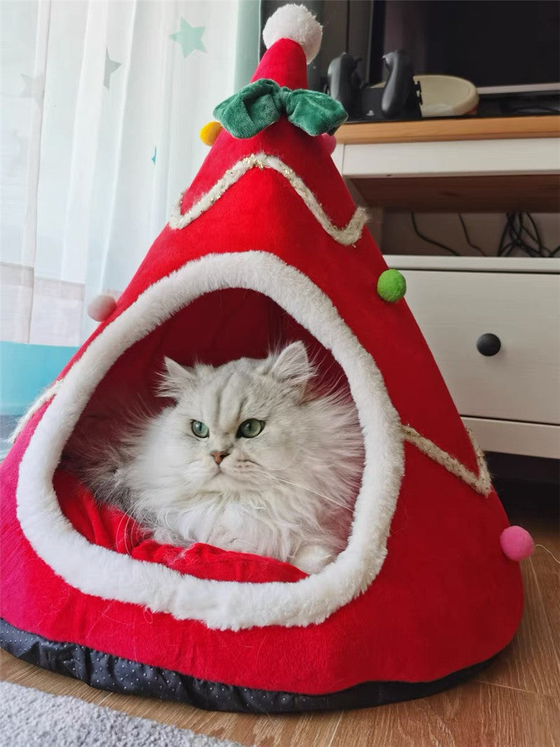 KFX-1036349 Cozy Christmas Tree Pet Cave Bed for Dogs and Cats with Removable Cushion