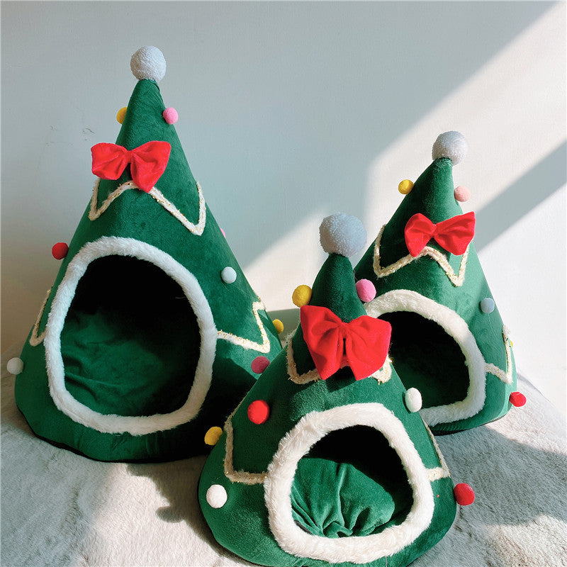 KFX-1036349 Cozy Christmas Tree Pet Cave Bed for Dogs and Cats with Removable Cushion