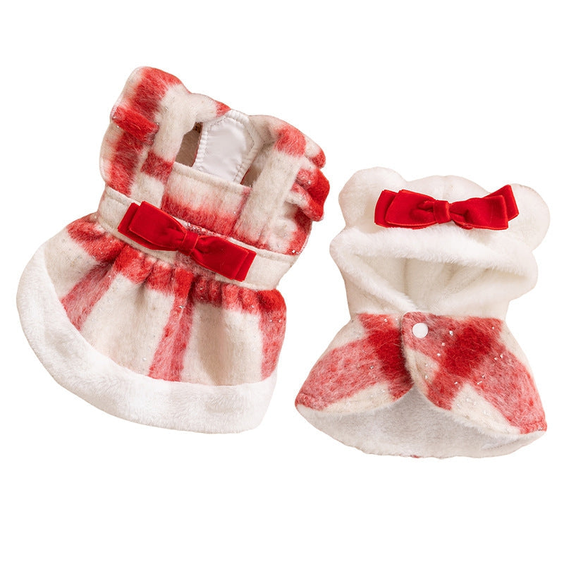 KFX-1036861 Festive Red & White Plaid Pet Dress and Hoodie Set for Small Dogs and Cats