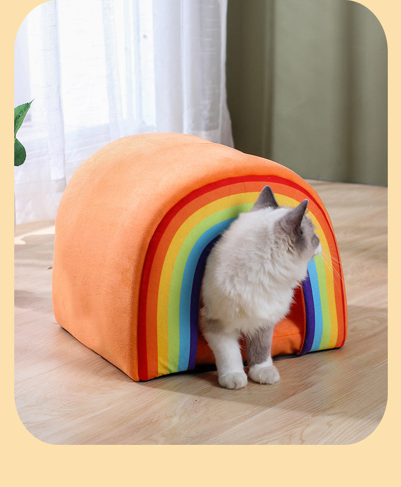 KFX-1038141 Universal Closed Cat Nest for All Seasons - Cozy Rainbow Design, 34x34x30cm Pet Bed