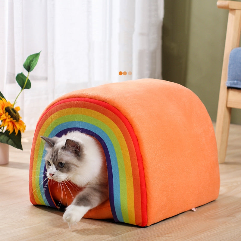 KFX-1038141 Universal Closed Cat Nest for All Seasons - Cozy Rainbow Design, 34x34x30cm Pet Bed