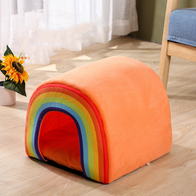 KFX-1038141 Universal Closed Cat Nest for All Seasons - Cozy Rainbow Design, 34x34x30cm Pet Bed