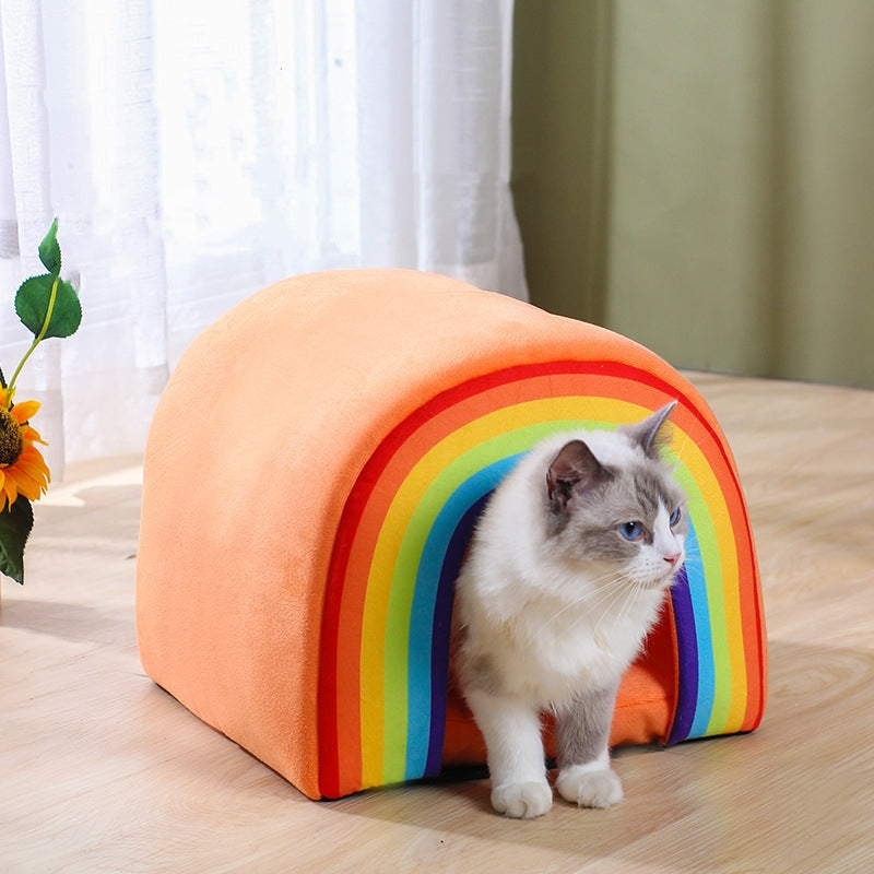 KFX-1038141 Universal Closed Cat Nest for All Seasons - Cozy Rainbow Design, 34x34x30cm Pet Bed