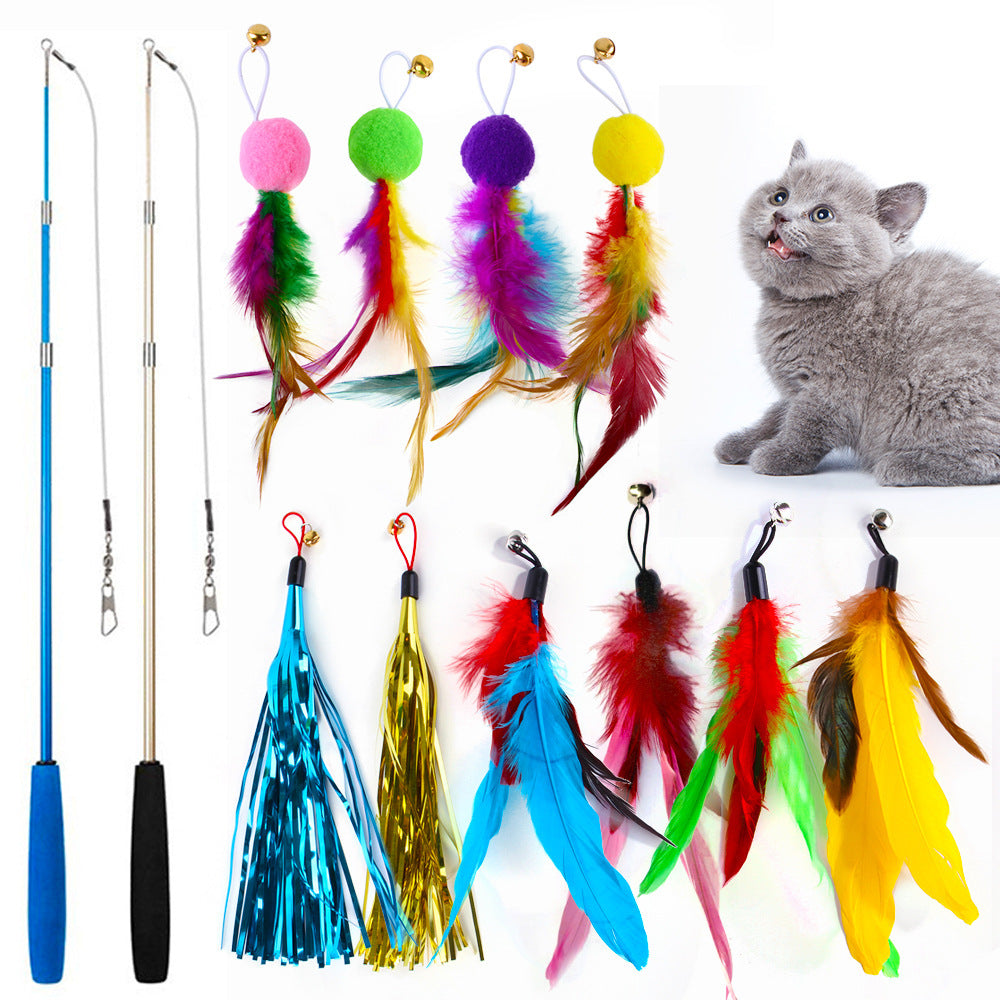 KFX-1038909 Colorful Feather Replacement Head for Cat Toy Fishing Rod - 12 Piece Set