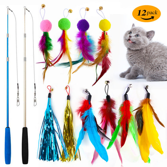 KFX-1038909 Colorful Feather Replacement Head for Cat Toy Fishing Rod - 12 Piece Set