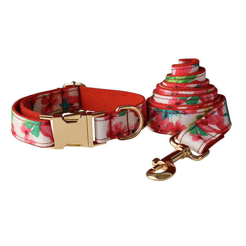 KFX-1040317 Red Floral Print Dog Leash and Collar Set with Bow Tie