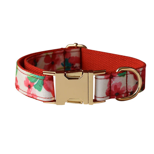 KFX-1040317 Red Floral Print Dog Leash and Collar Set with Bow Tie