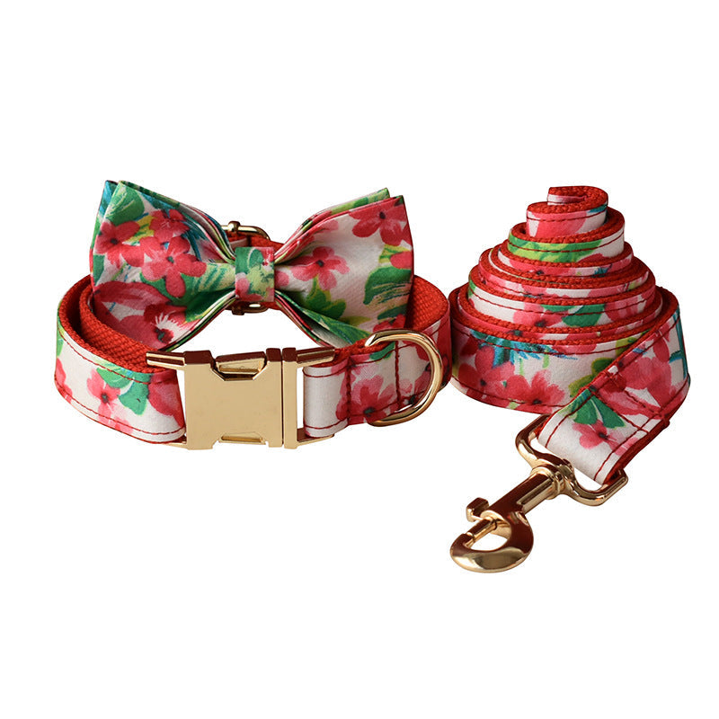 KFX-1040317 Red Floral Print Dog Leash and Collar Set with Bow Tie