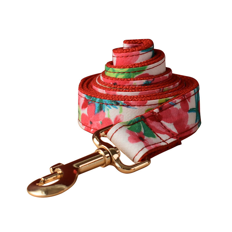 KFX-1040317 Red Floral Print Dog Leash and Collar Set with Bow Tie