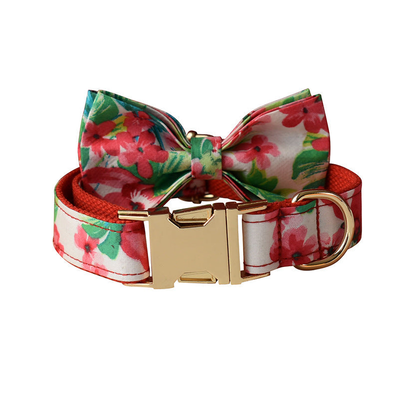 KFX-1040317 Red Floral Print Dog Leash and Collar Set with Bow Tie