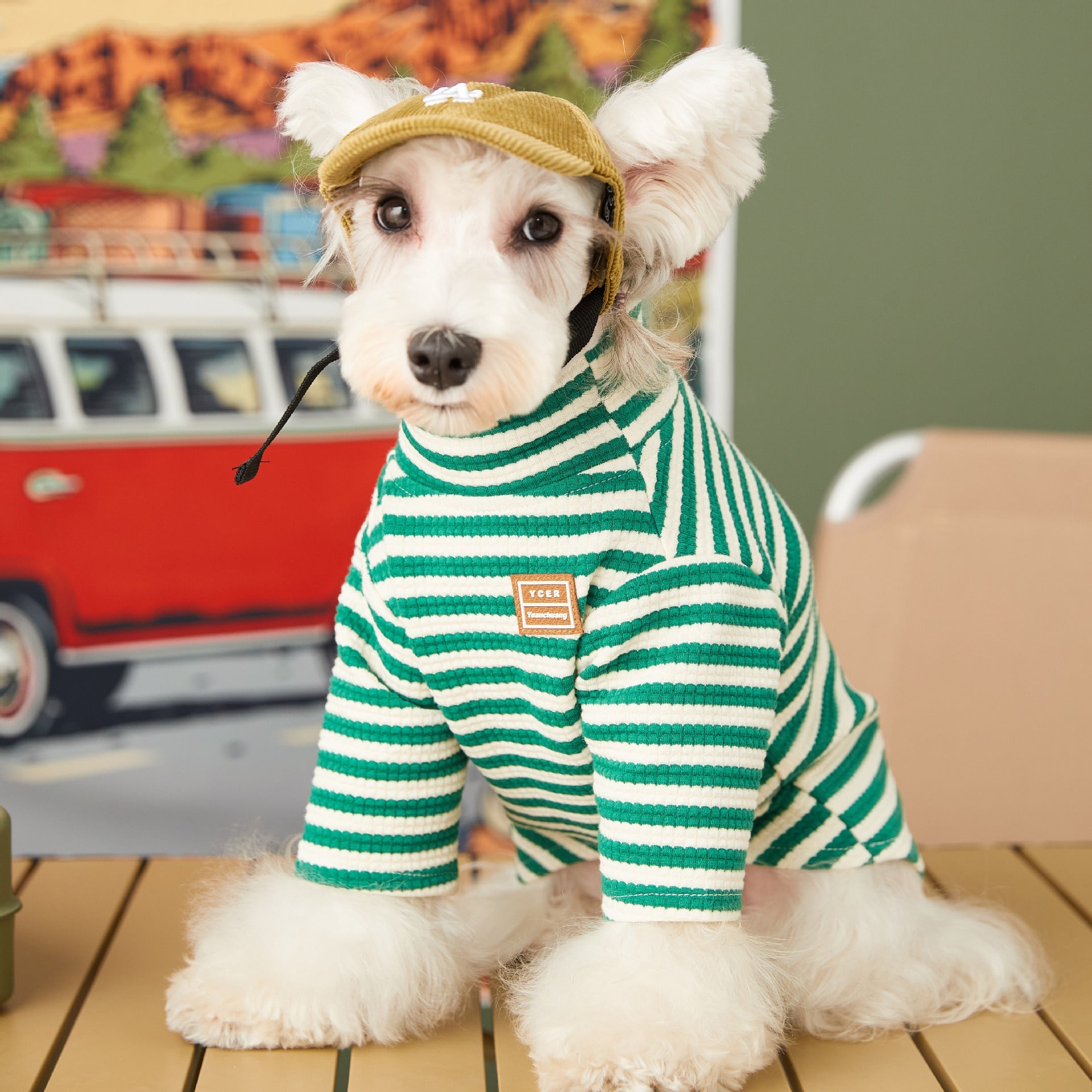 KFX-1043645 Striped Two-Piece High-Neck Leisure Shirt in Curry and Green