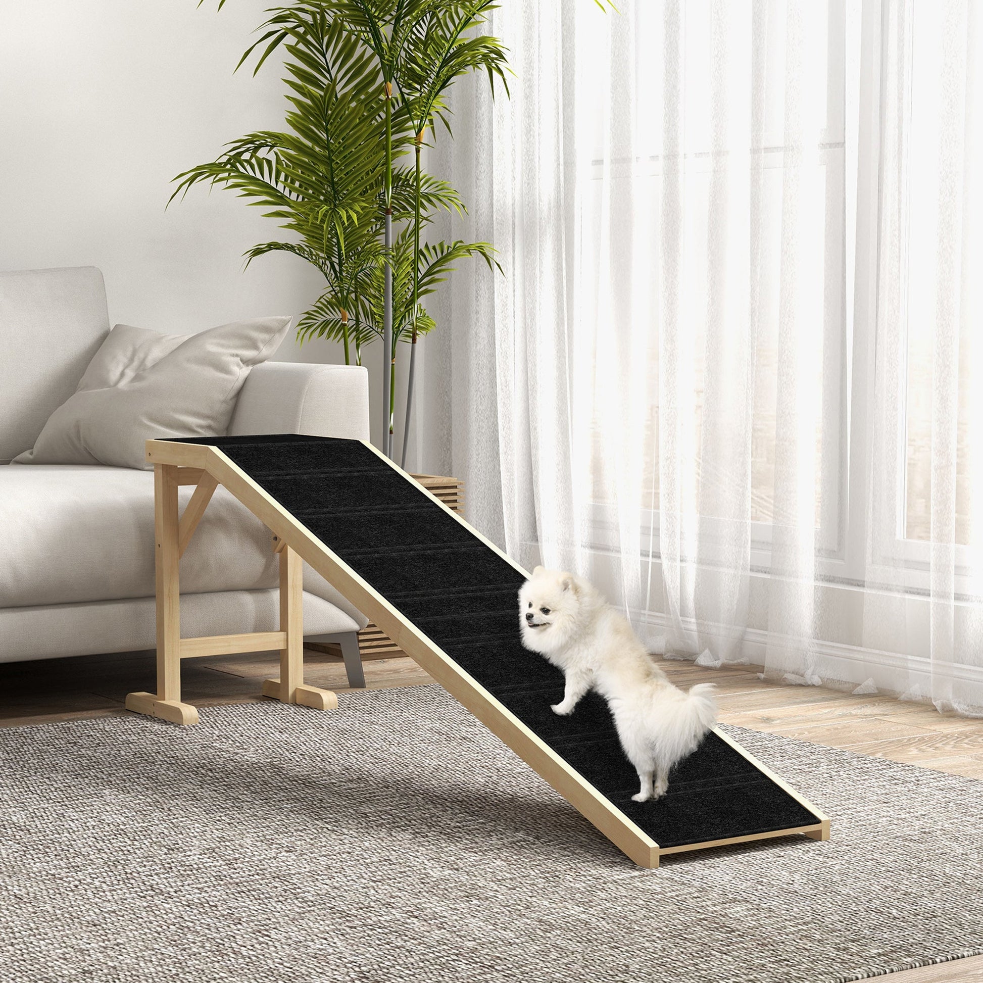 KFX-1055037 Natural Pine Wood Dog Ramp with Non-Slip Carpet Surface for Easy Access to Bed or Couch