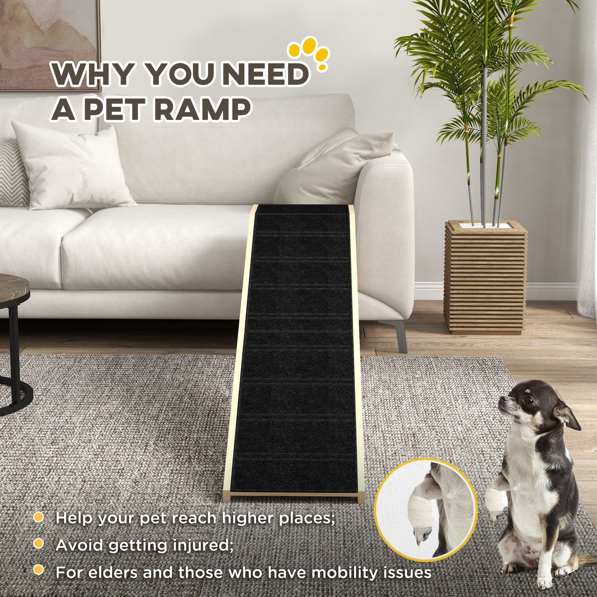 KFX-1055037 Natural Pine Wood Dog Ramp with Non-Slip Carpet Surface for Easy Access to Bed or Couch