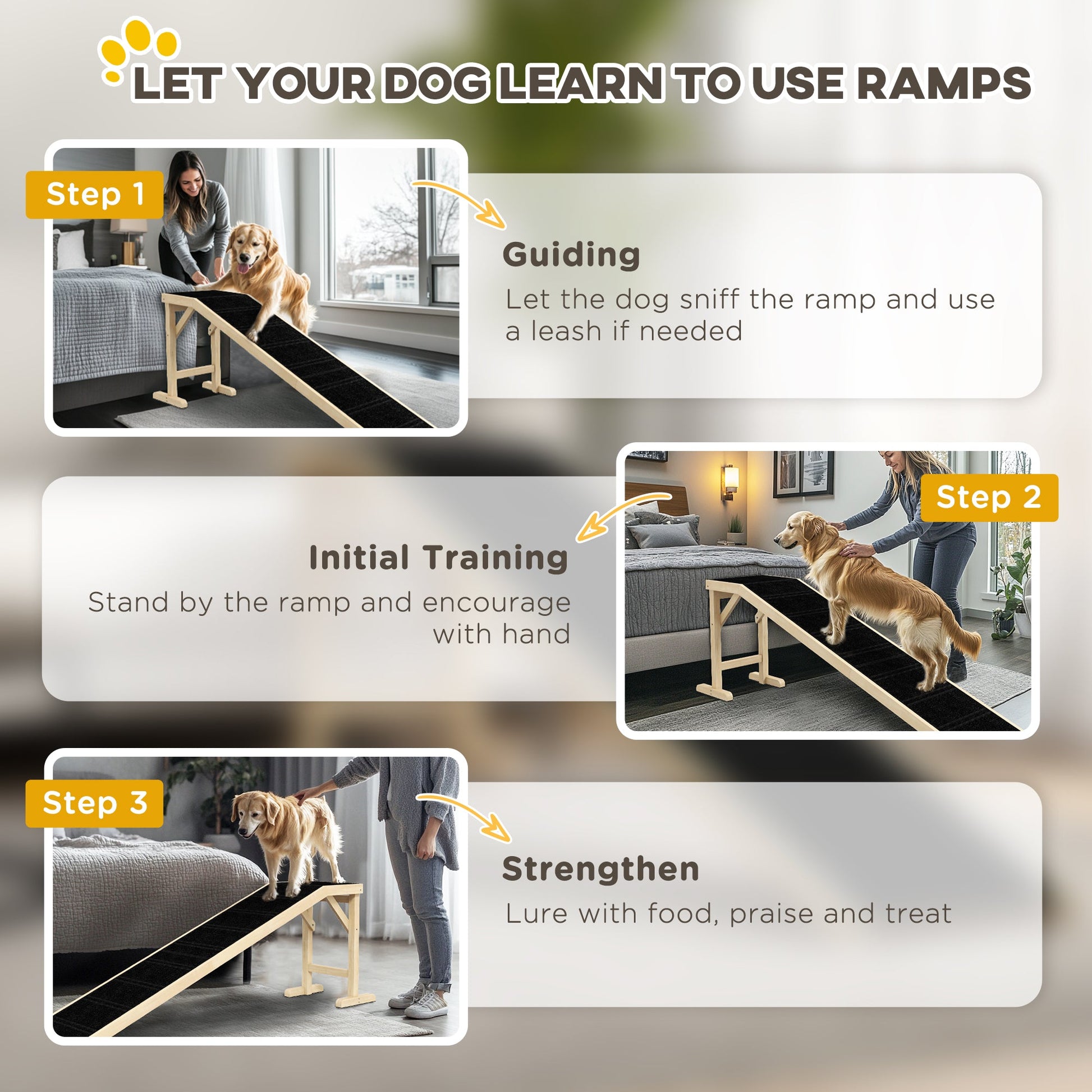 KFX-1055037 Natural Pine Wood Dog Ramp with Non-Slip Carpet Surface for Easy Access to Bed or Couch