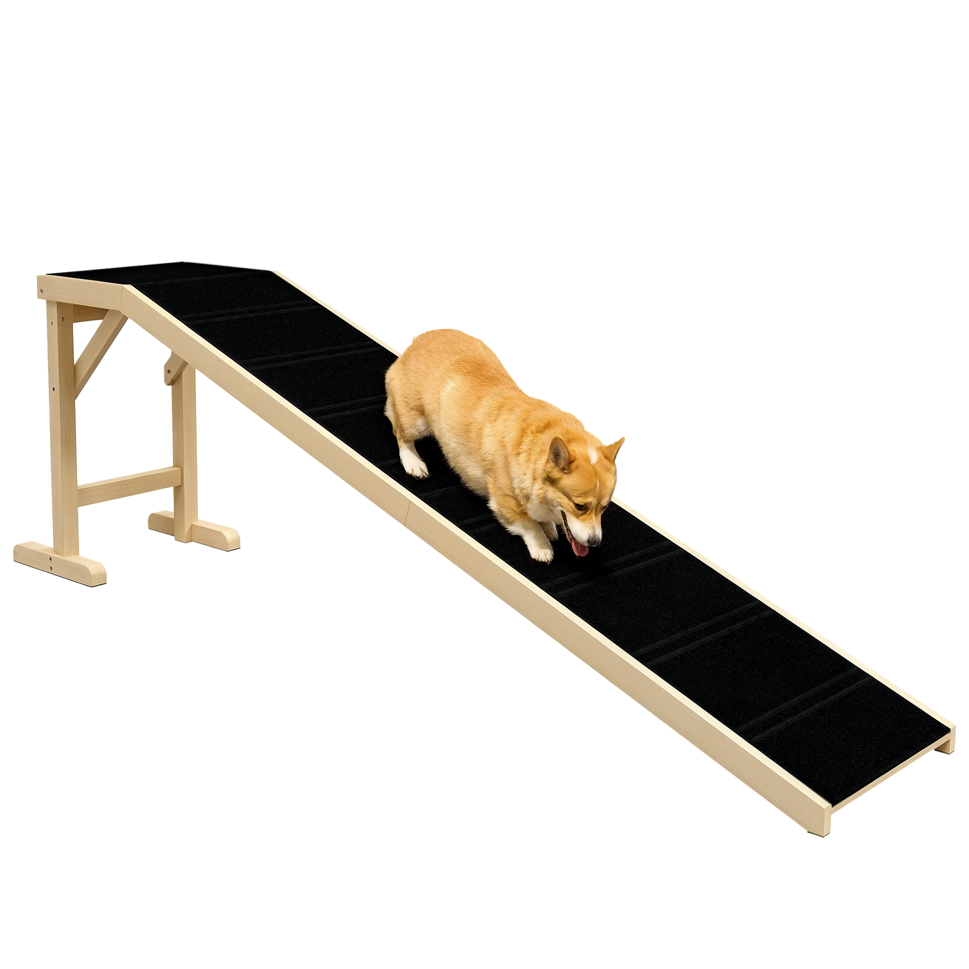 KFX-1055037 Natural Pine Wood Dog Ramp with Non-Slip Carpet Surface for Easy Access to Bed or Couch