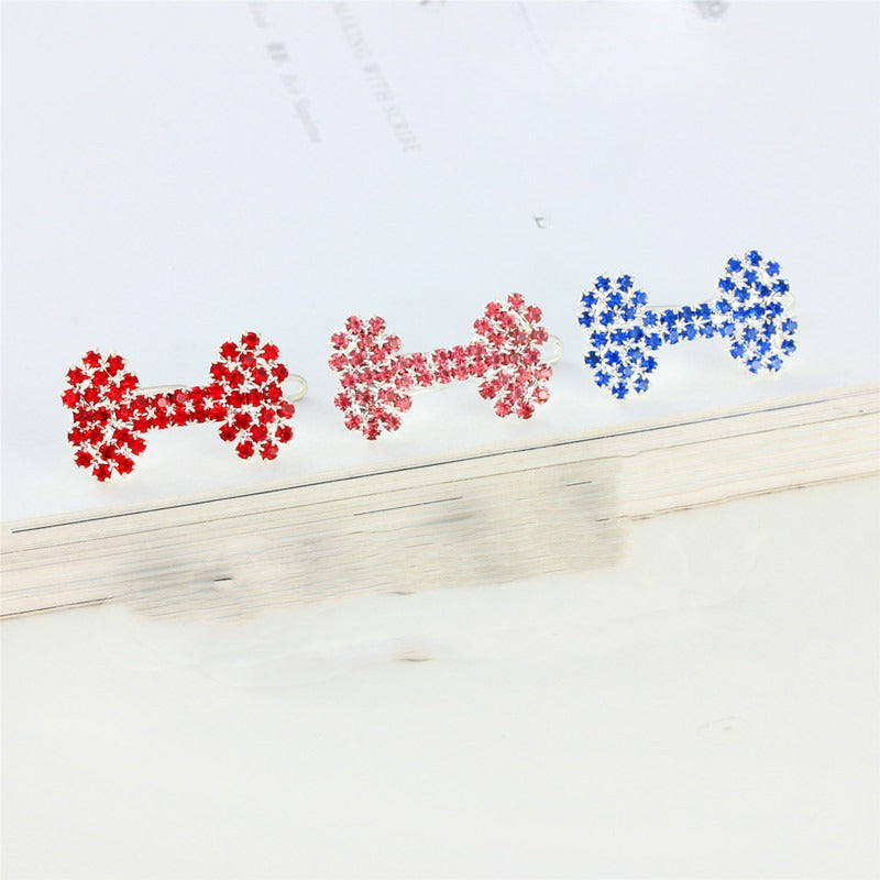 KFX-1055421 Diamond Dog Bone Barrettes for Cats and Dogs in White, Pink, Blue, Red - Stylish Casual Accessory