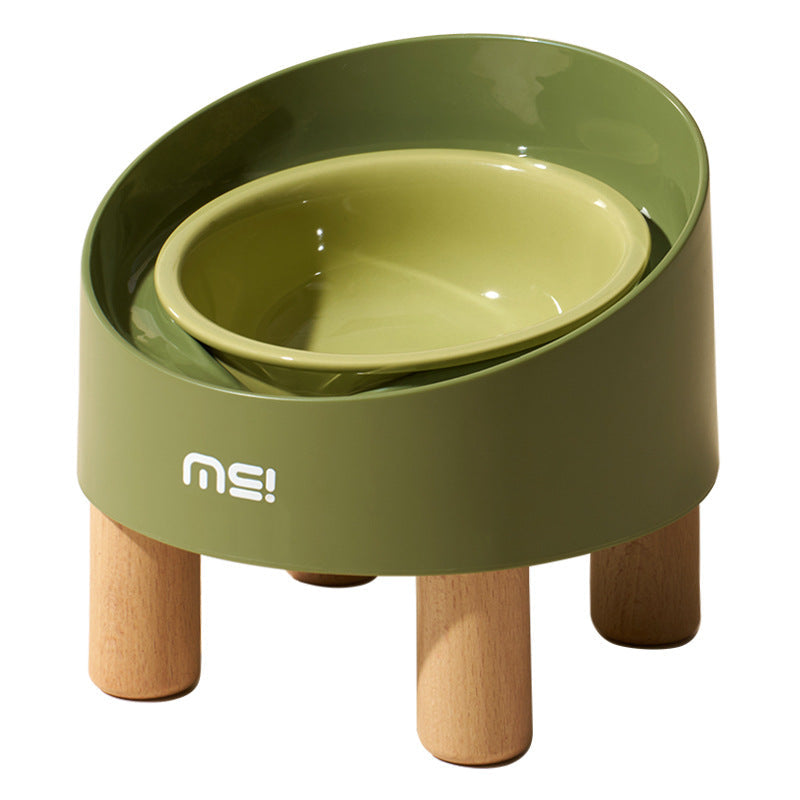KFX-1059517 High Foot Ceramic Cat Bowl with Oblique Mouth Design and Anti-Tumble Beech Wooden Stand