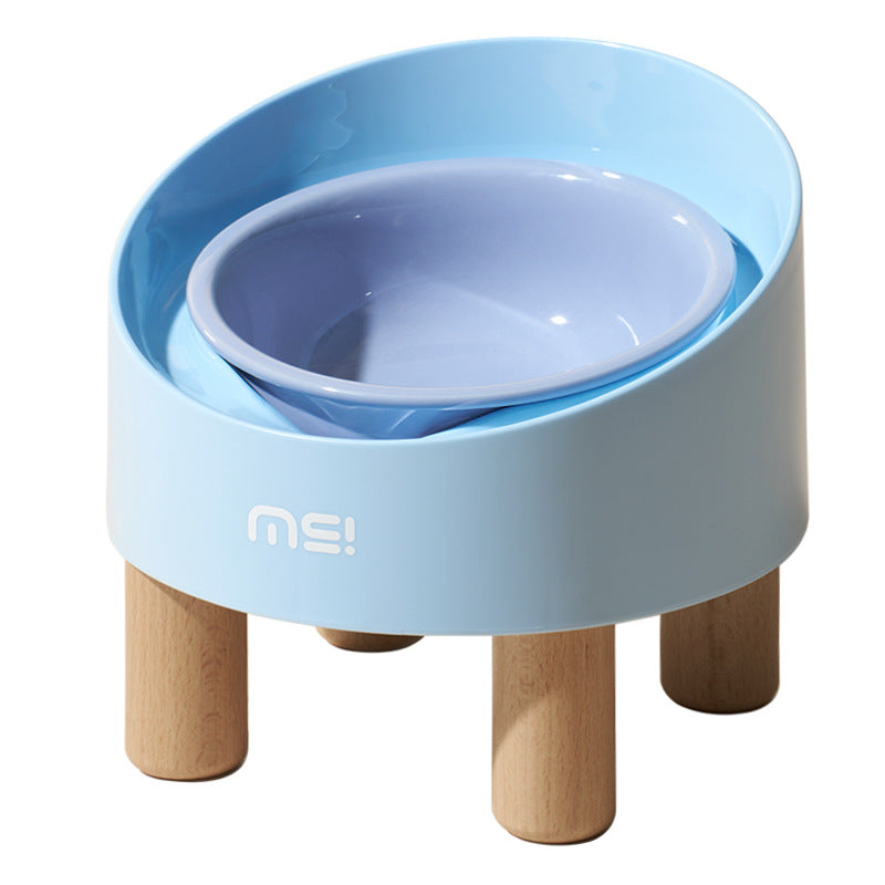 KFX-1059517 High Foot Ceramic Cat Bowl with Oblique Mouth Design and Anti-Tumble Beech Wooden Stand