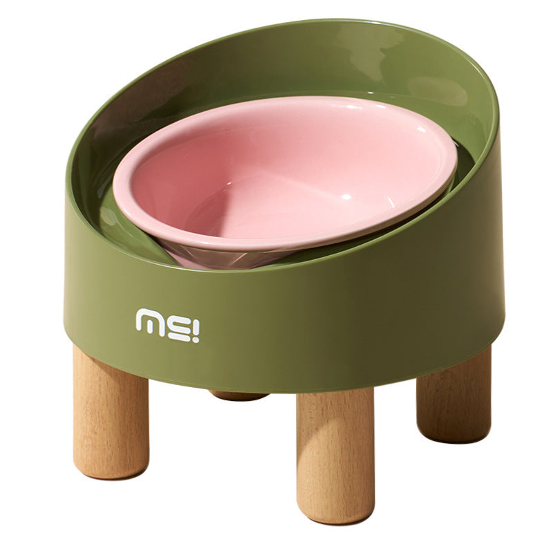 KFX-1059517 High Foot Ceramic Cat Bowl with Oblique Mouth Design and Anti-Tumble Beech Wooden Stand