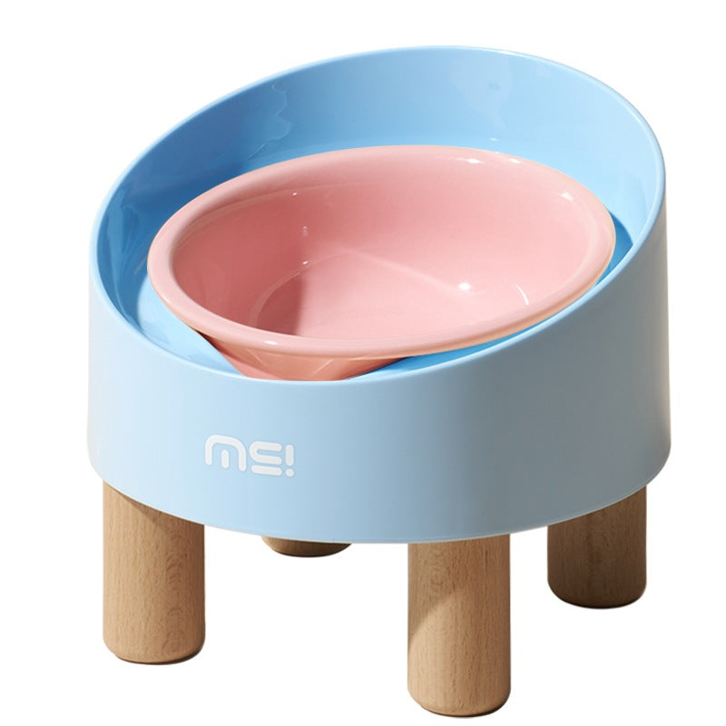 KFX-1059517 High Foot Ceramic Cat Bowl with Oblique Mouth Design and Anti-Tumble Beech Wooden Stand