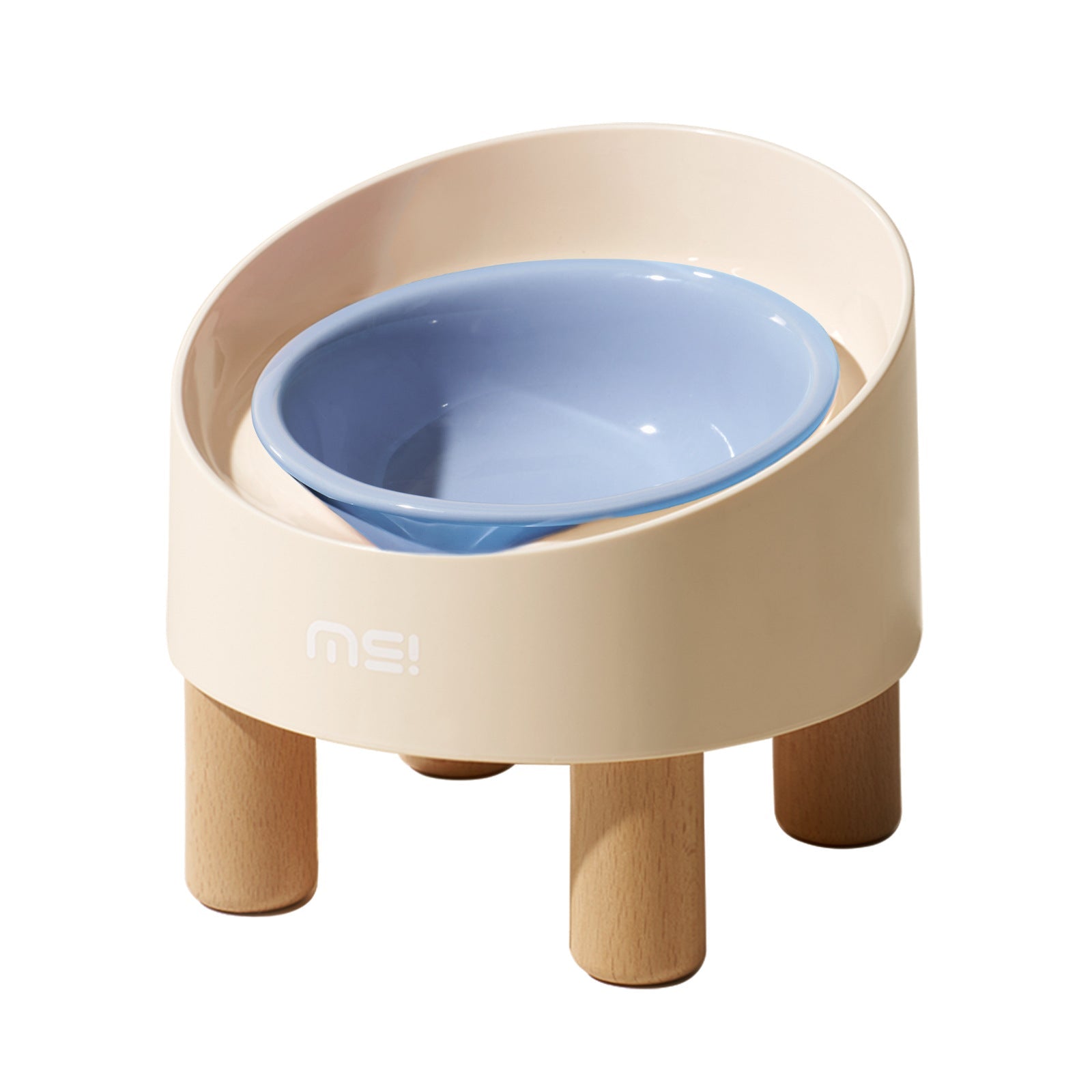KFX-1059517 High Foot Ceramic Cat Bowl with Oblique Mouth Design and Anti-Tumble Beech Wooden Stand
