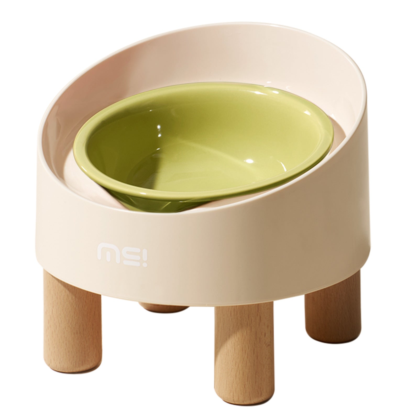 KFX-1059517 High Foot Ceramic Cat Bowl with Oblique Mouth Design and Anti-Tumble Beech Wooden Stand