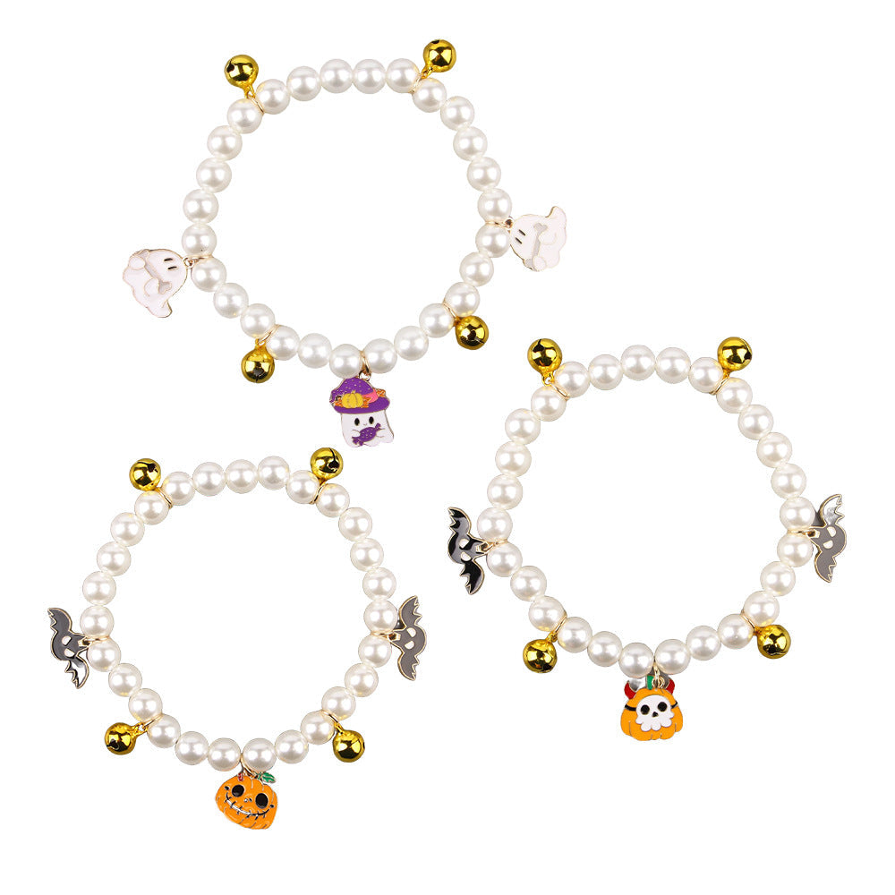 KFX-1061309 Halloween Cat Collar with Simulated Pearl Decoration in Purple Ghost, Skull, and Smile Pumpkin Designs