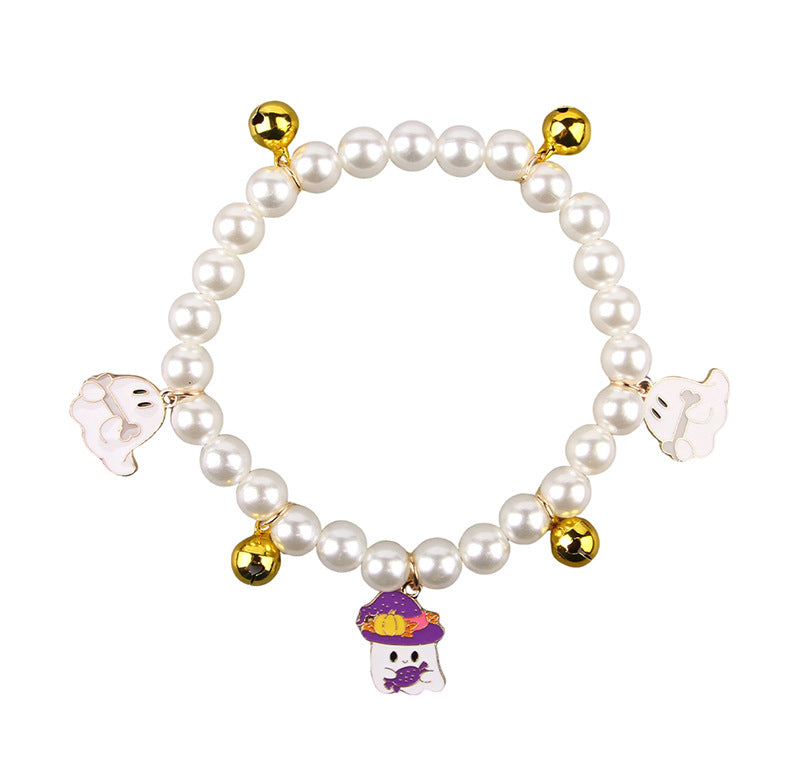 KFX-1061309 Halloween Cat Collar with Simulated Pearl Decoration in Purple Ghost, Skull, and Smile Pumpkin Designs