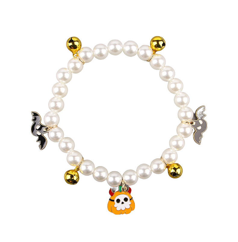 KFX-1061309 Halloween Cat Collar with Simulated Pearl Decoration in Purple Ghost, Skull, and Smile Pumpkin Designs