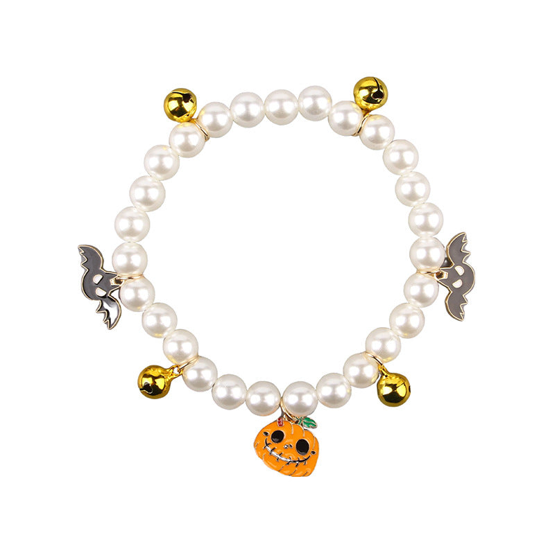 KFX-1061309 Halloween Cat Collar with Simulated Pearl Decoration in Purple Ghost, Skull, and Smile Pumpkin Designs