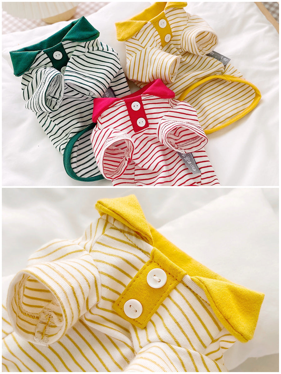 KFX-1063485 Striped Polo Shirt for Cats in Army Green, Tender Yellow, and Big Red