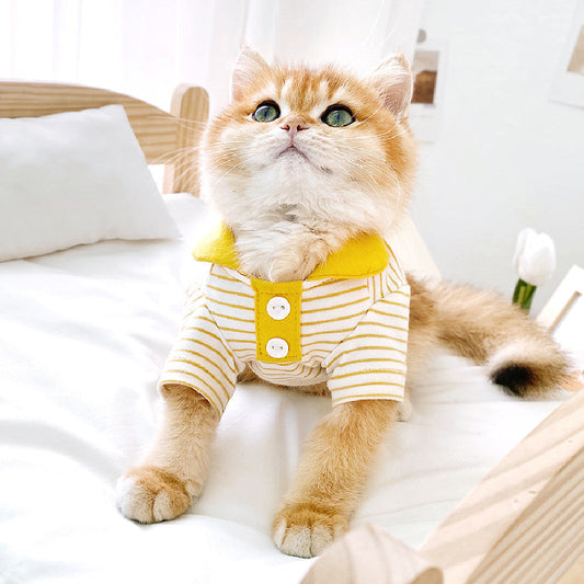 KFX-1063485 Striped Polo Shirt for Cats in Army Green, Tender Yellow, and Big Red