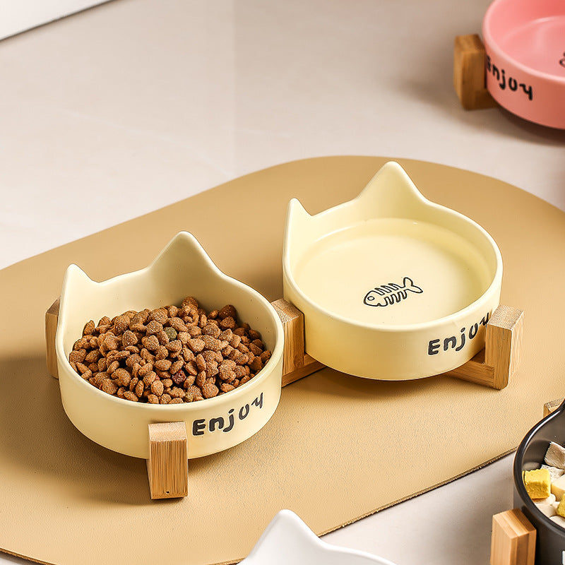KFX-1065277 2-in-1 Cat Bowl Set with Wooden Frame – Dual Feeding Design for Cats, Various Colors Available