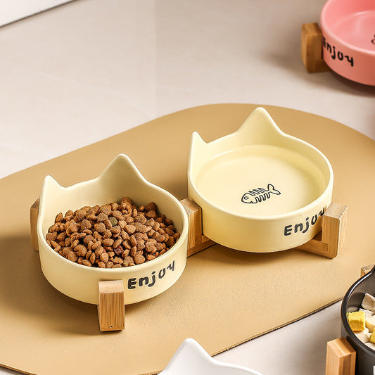 KFX-1065277 2-in-1 Cat Bowl Set with Wooden Frame – Dual Feeding Design for Cats, Various Colors Available