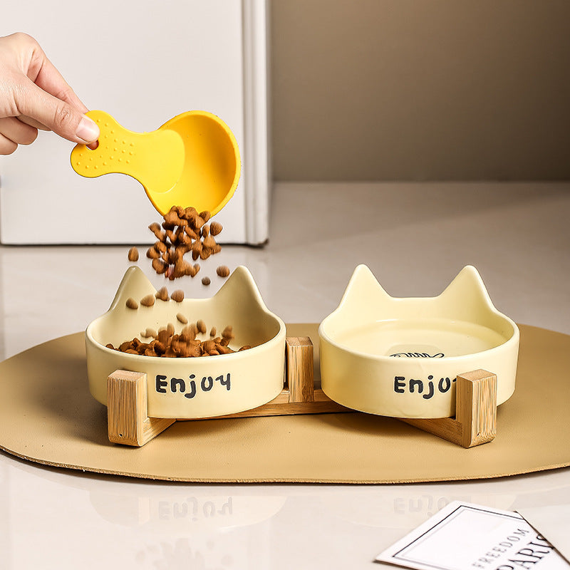 KFX-1065277 2-in-1 Cat Bowl Set with Wooden Frame – Dual Feeding Design for Cats, Various Colors Available