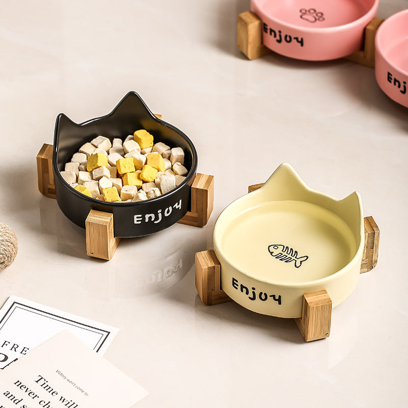 KFX-1065277 2-in-1 Cat Bowl Set with Wooden Frame – Dual Feeding Design for Cats, Various Colors Available