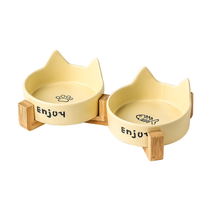 KFX-1065277 2-in-1 Cat Bowl Set with Wooden Frame – Dual Feeding Design for Cats, Various Colors Available