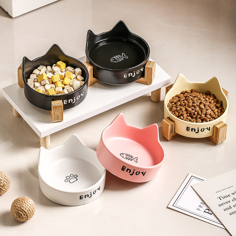 KFX-1065277 2-in-1 Cat Bowl Set with Wooden Frame – Dual Feeding Design for Cats, Various Colors Available