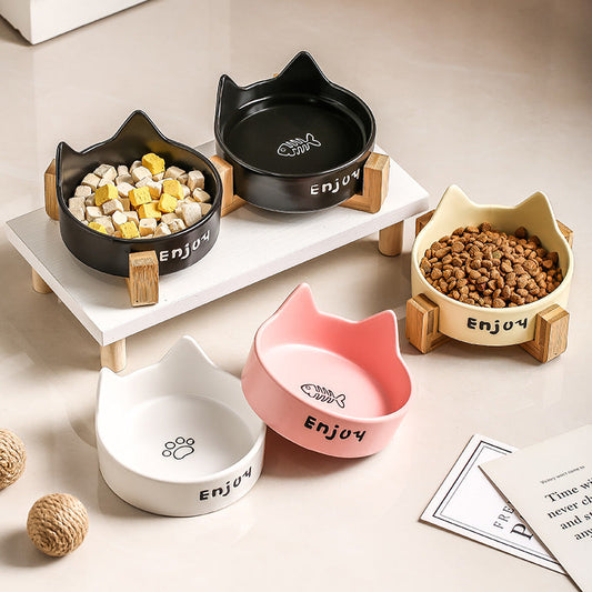 KFX-1065277 2-in-1 Cat Bowl Set with Wooden Frame – Dual Feeding Design for Cats, Various Colors Available