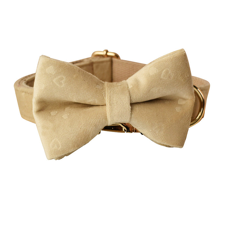 KFX-1067069 Nude Velvet Bow Tie Dog Collar with Matching Rope - Cotton Material, Sizes S to XL