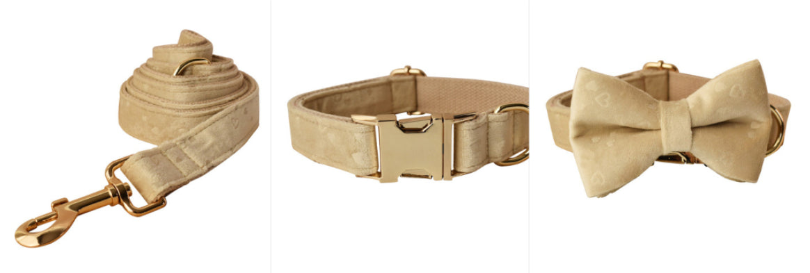 KFX-1067069 Nude Velvet Bow Tie Dog Collar with Matching Rope - Cotton Material, Sizes S to XL
