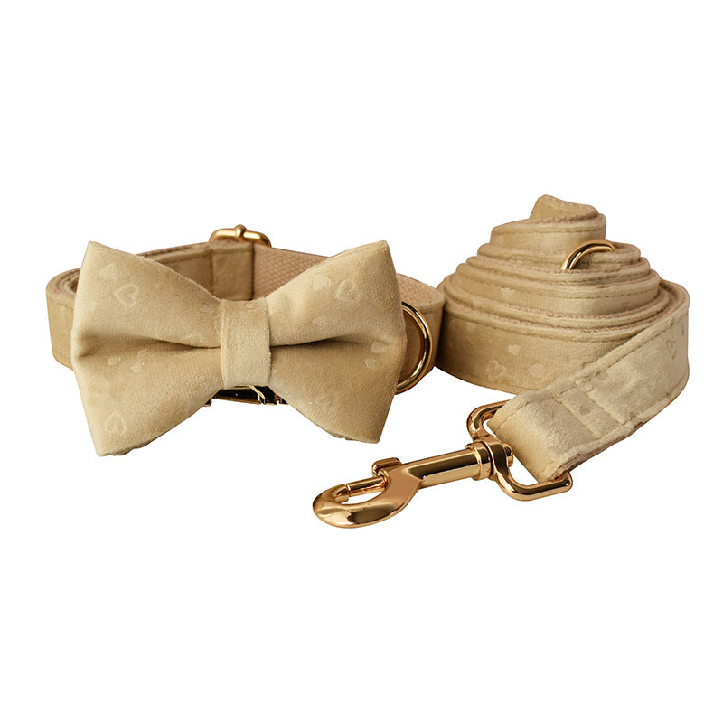 KFX-1067069 Nude Velvet Bow Tie Dog Collar with Matching Rope - Cotton Material, Sizes S to XL