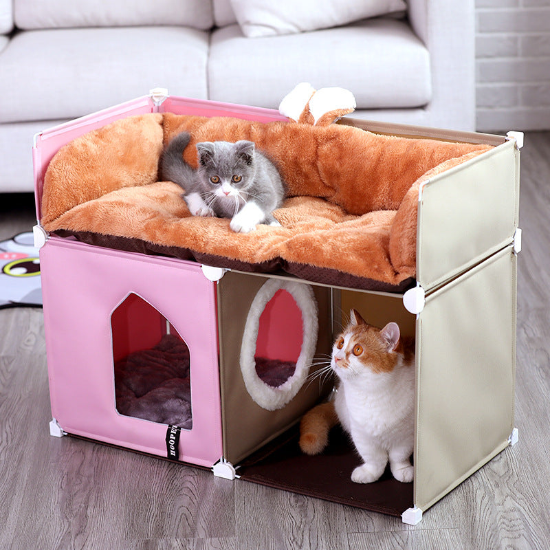 KFX-1069117 Cozy Two-Layer Cat Villa with Polyester Cover and Iron Frame, Available in Multiple Colors
