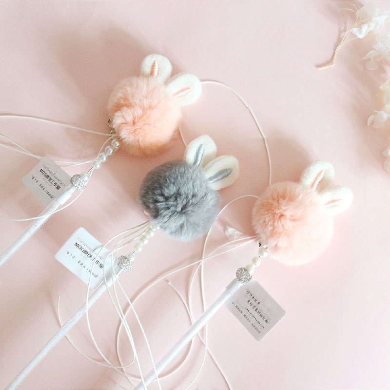 KFX-1071677 Funny Cat Stick Toy with Rabbit Ears, Tassel, Fur Ball and Bell - 40cm