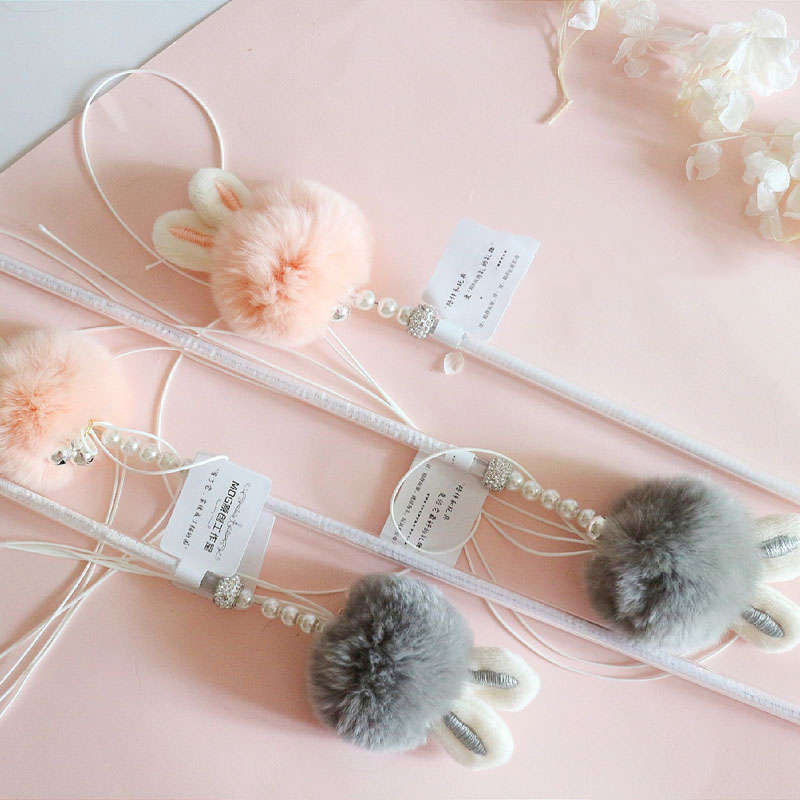 KFX-1071677 Funny Cat Stick Toy with Rabbit Ears, Tassel, Fur Ball and Bell - 40cm