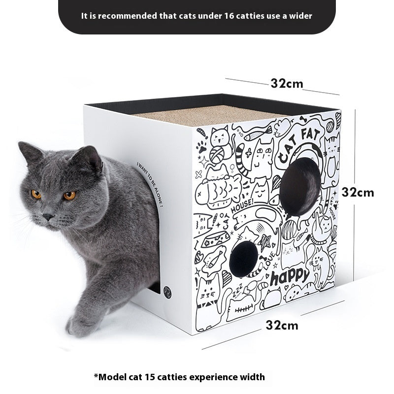 KFX-1074877 Double-Layer Cat Villa in White and Green Graffiti - Corrugated Paper Design, 32x32x32cm/43x30x30cm