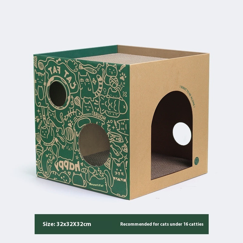 KFX-1074877 Double-Layer Cat Villa in White and Green Graffiti - Corrugated Paper Design, 32x32x32cm/43x30x30cm