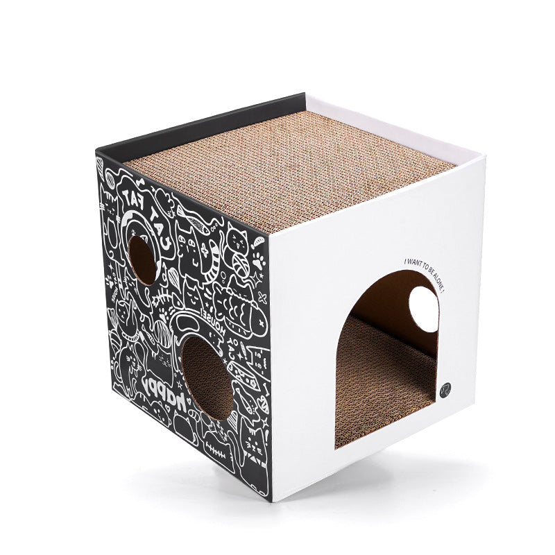 KFX-1074877 Double-Layer Cat Villa in White and Green Graffiti - Corrugated Paper Design, 32x32x32cm/43x30x30cm