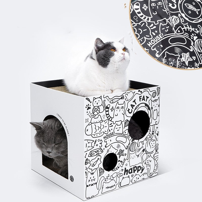 KFX-1074877 Double-Layer Cat Villa in White and Green Graffiti - Corrugated Paper Design, 32x32x32cm/43x30x30cm