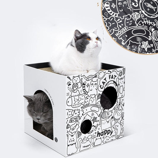 KFX-1074877 Double-Layer Cat Villa in White and Green Graffiti - Corrugated Paper Design, 32x32x32cm/43x30x30cm